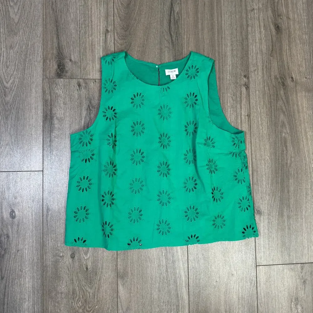 J.Crew Eyelet Shell Tank Top SZ M Dublin Green Lined Sleeveless Crew Neck Cotton